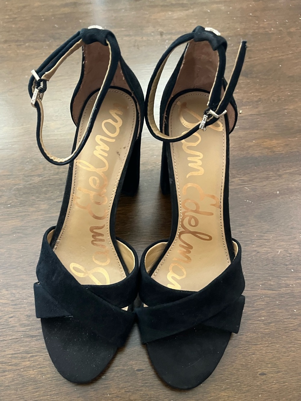 Sam Edelman Black Suede Crisscross Ankle-Strap Block Heels